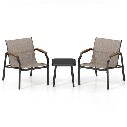 3 Piece Outdoor Chair Set with Breathable Fabric Seat and Wood-Plastic Armrests-Brown