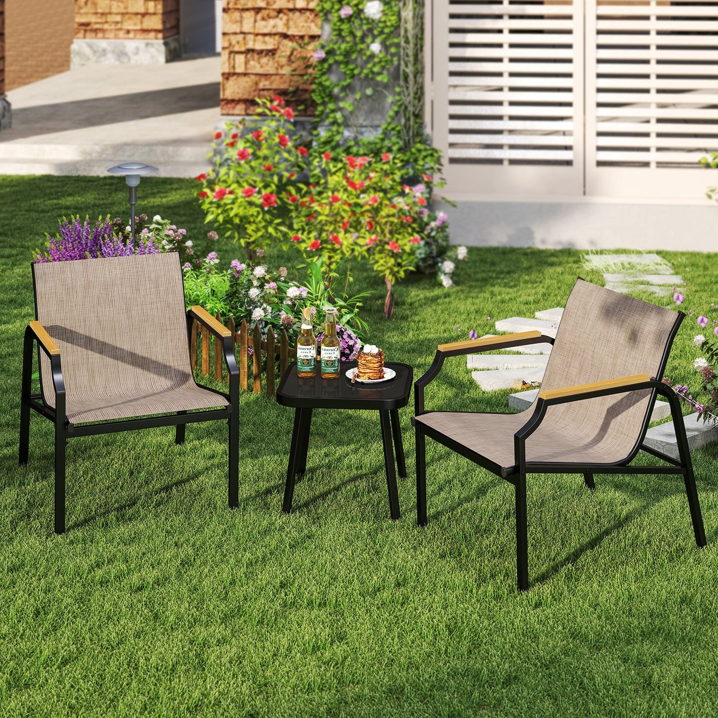 3 Piece Outdoor Chair Set with Breathable Fabric Seat and Wood-Plastic Armrests-Brown