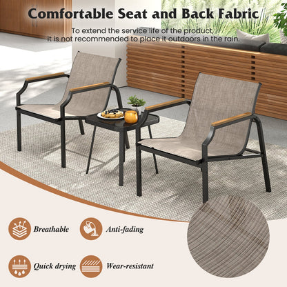 3 Piece Outdoor Chair Set with Breathable Fabric Seat and Wood-Plastic Armrests-Brown