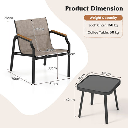 3 Piece Outdoor Chair Set with Breathable Fabric Seat and Wood-Plastic Armrests-Brown