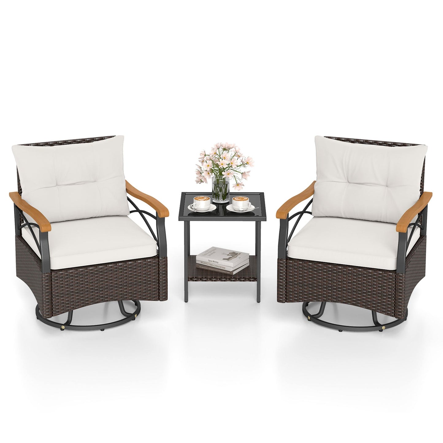 3 Piece Outdoor Swivel Chair Set Patio Wicker Rotating Chairs with Table-White