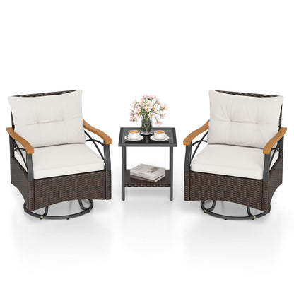 3 Piece Outdoor Swivel Chair Set Patio Wicker Rotating Chairs with Table-White