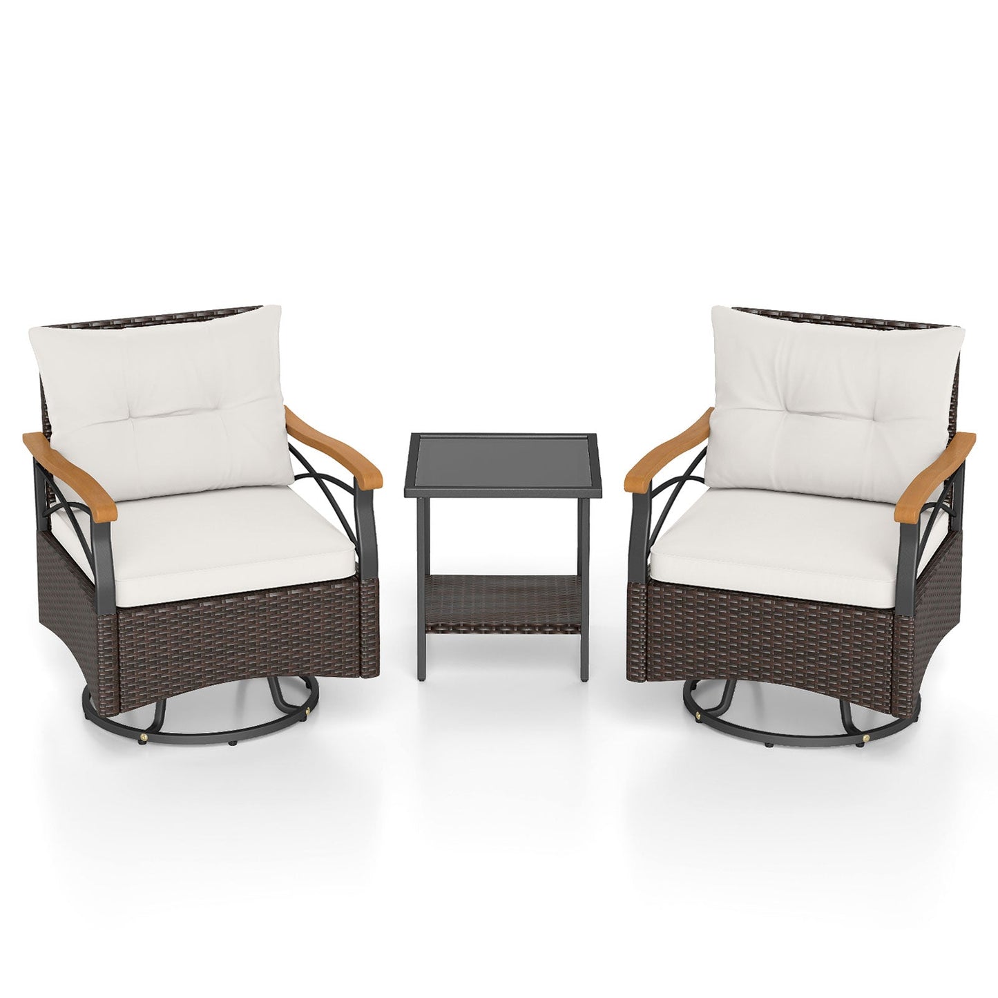 3 Piece Outdoor Swivel Chair Set Patio Wicker Rotating Chairs with Table-White