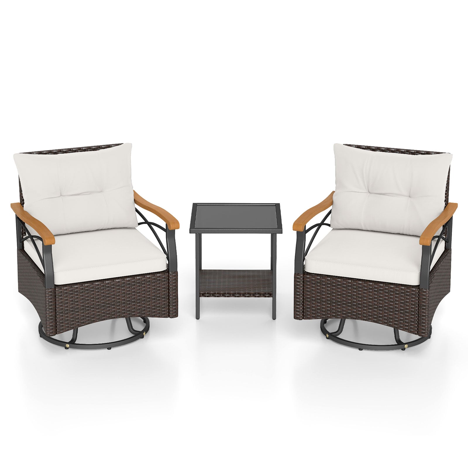 3 Piece Outdoor Swivel Chair Set Patio Wicker Rotating Chairs with Table-White