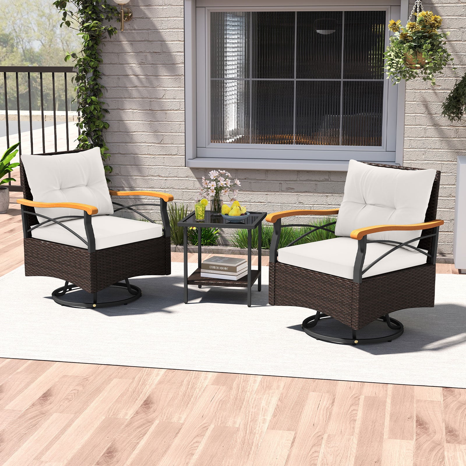 3 Piece Outdoor Swivel Chair Set Patio Wicker Rotating Chairs with Table-White