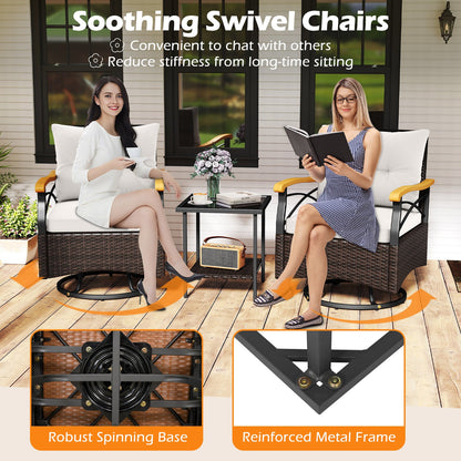 3 Piece Outdoor Swivel Chair Set Patio Wicker Rotating Chairs with Table-White