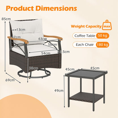 3 Piece Outdoor Swivel Chair Set Patio Wicker Rotating Chairs with Table-White