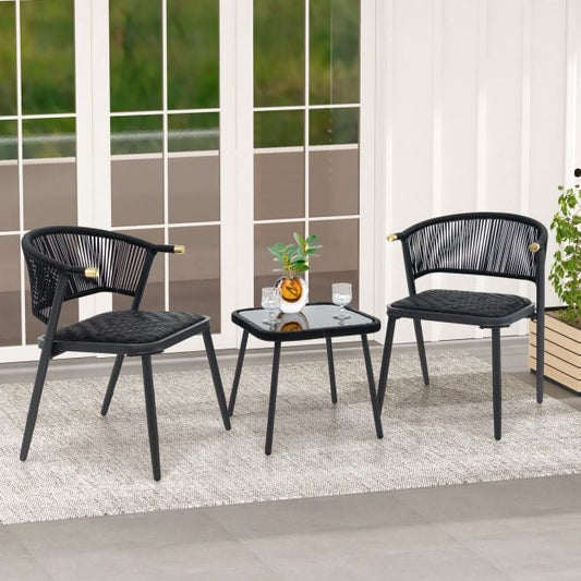 3 Piece Outdoor Wicker Furniture Set with Tempered Glass Coffee Table-Black