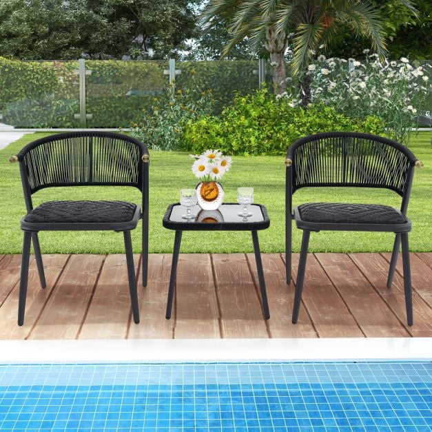 3 Piece Outdoor Wicker Furniture Set with Tempered Glass Coffee Table-Black