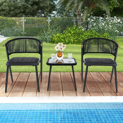 3 Piece Outdoor Wicker Furniture Set with Tempered Glass Coffee Table-Black