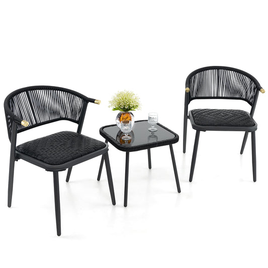 3 Piece Outdoor Wicker Furniture Set with Tempered Glass Coffee Table-Black