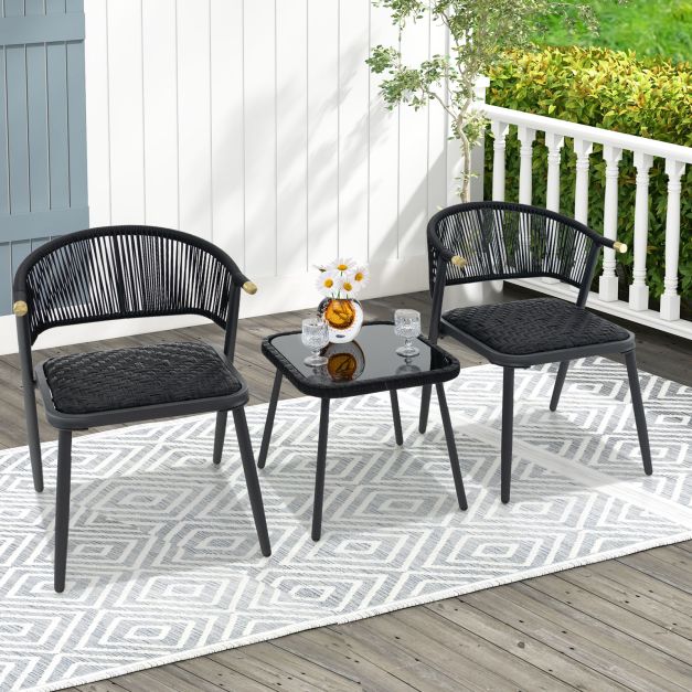 3 Piece Outdoor Wicker Furniture Set with Tempered Glass Coffee Table-Black