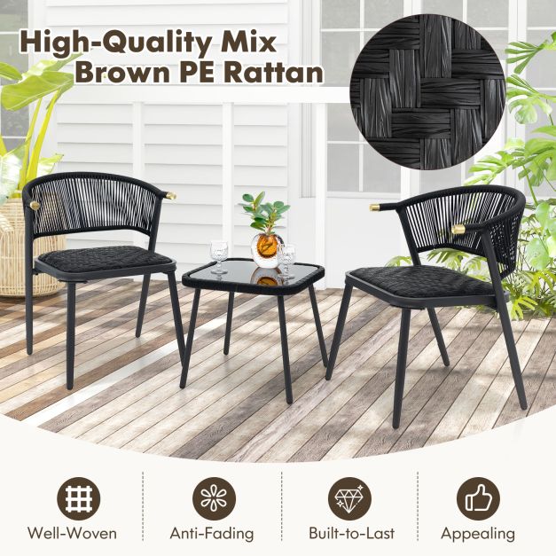 3 Piece Outdoor Wicker Furniture Set with Tempered Glass Coffee Table-Black