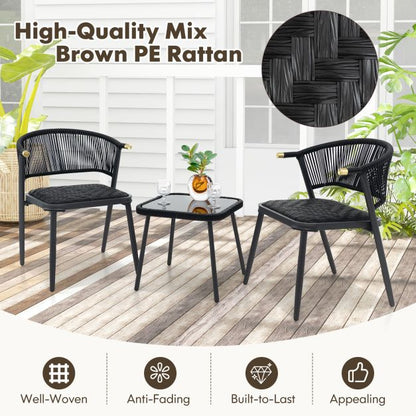 3 Piece Outdoor Wicker Furniture Set with Tempered Glass Coffee Table-Black