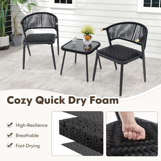 3 Piece Outdoor Wicker Furniture Set with Tempered Glass Coffee Table-Black