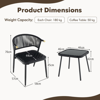 3 Piece Outdoor Wicker Furniture Set with Tempered Glass Coffee Table-Black