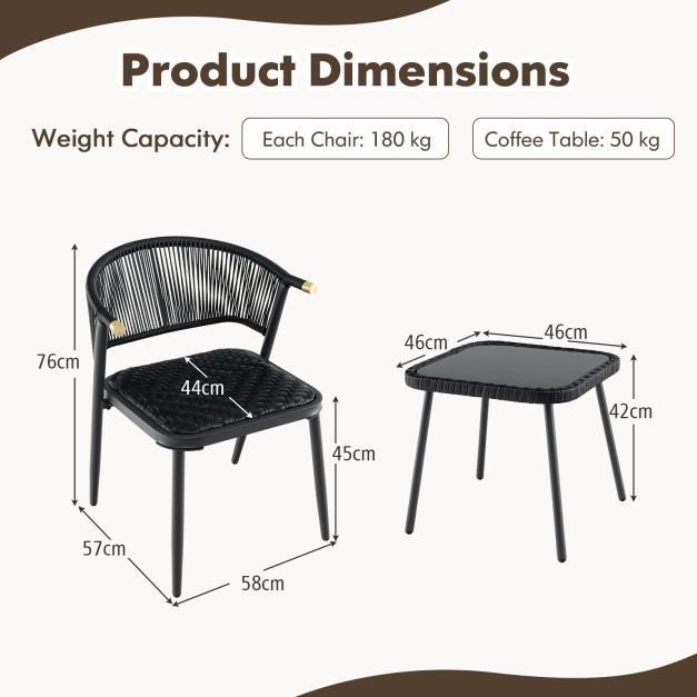 3 Piece Outdoor Wicker Furniture Set with Tempered Glass Coffee Table-Black