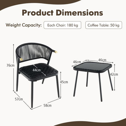 3 Piece Outdoor Wicker Furniture Set with Tempered Glass Coffee Table-Black