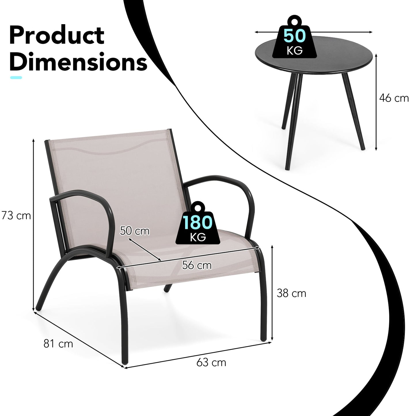 3 Piece Patio Chair Set Metal Aluminum Wide Armchair and Table Set-Light Grey