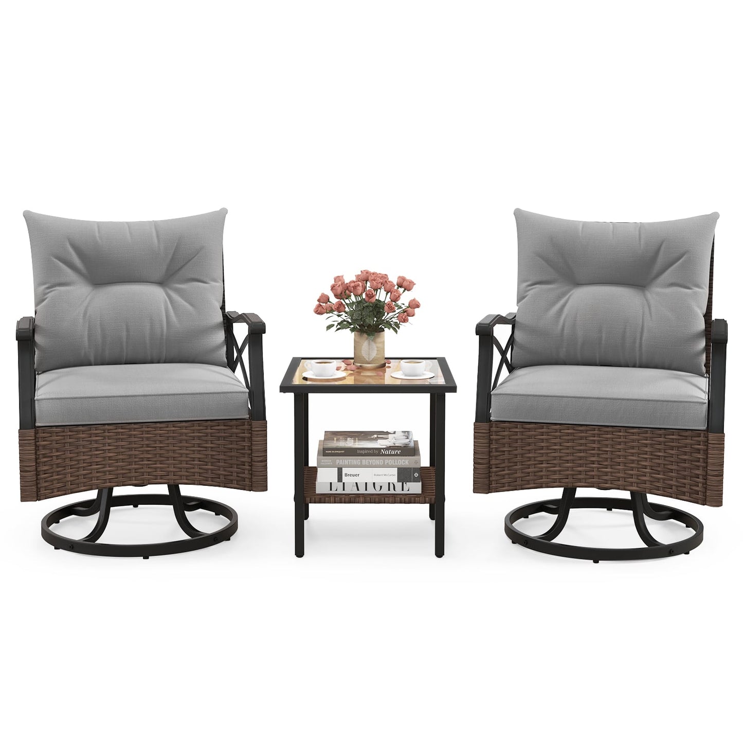 3 Piece Patio Swivel Rocker Set with 2-Tier Coffee Table-Grey