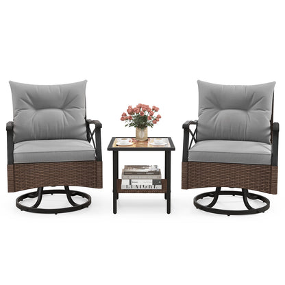 3 Piece Patio Swivel Rocker Set with 2-Tier Coffee Table-Grey
