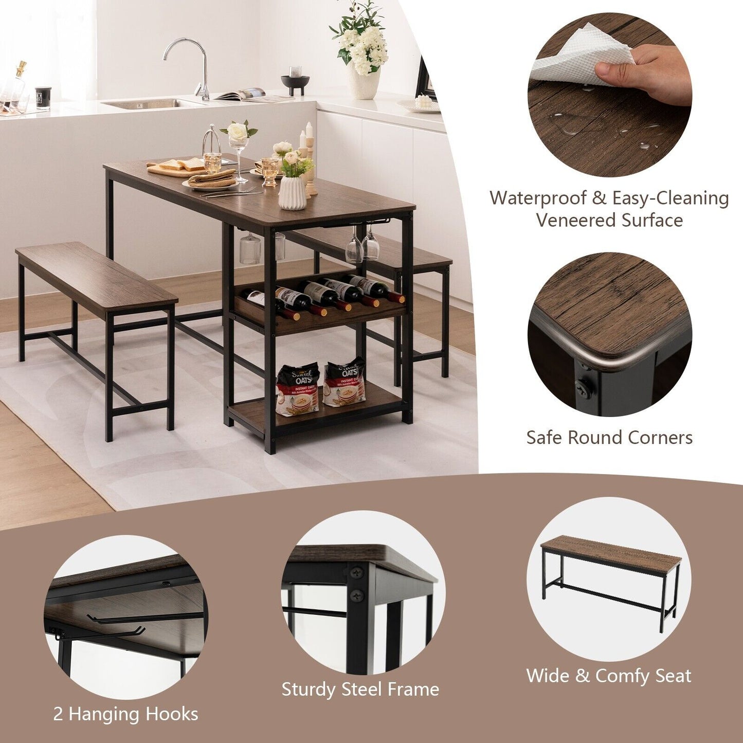 3 Pieces Kitchen Dining Set with Storage Rack-Brown