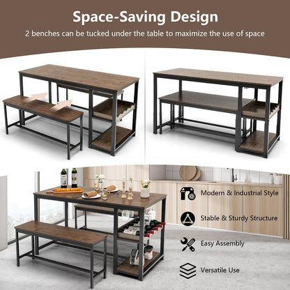 3 Pieces Kitchen Dining Set with Storage Rack-Brown