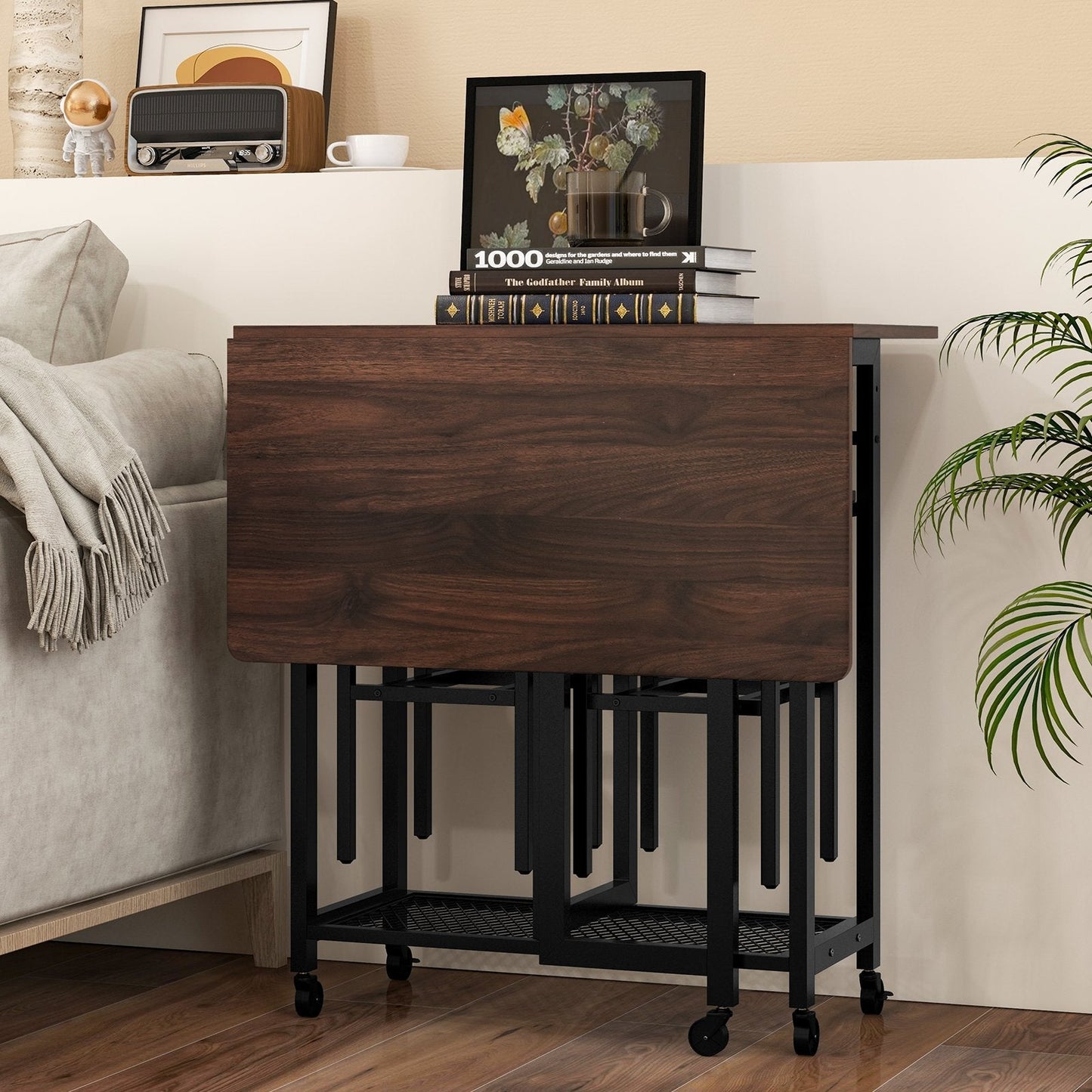 3 Pieces Extendable Dining Table Set with 6-Bottle Wine Rack-Brown