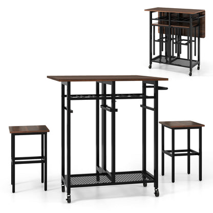 3 Pieces Extendable Dining Table Set with 6-Bottle Wine Rack-Brown