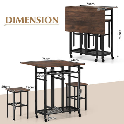 3 Pieces Extendable Dining Table Set with 6-Bottle Wine Rack-Brown