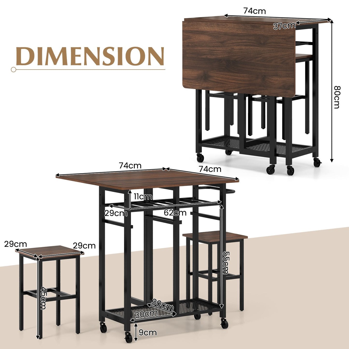 3 Pieces Extendable Dining Table Set with 6-Bottle Wine Rack-Brown