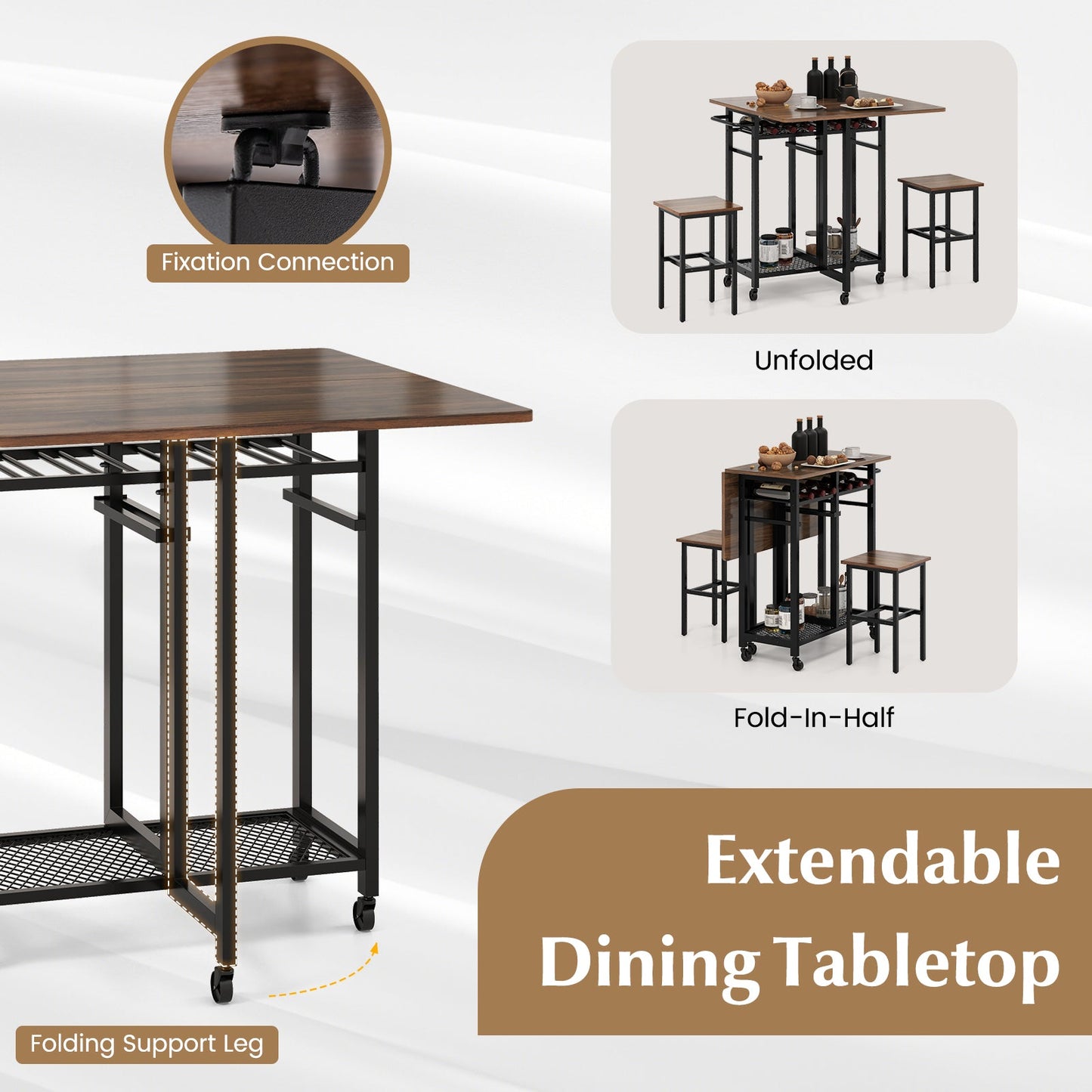 3 Pieces Extendable Dining Table Set with 6-Bottle Wine Rack-Brown