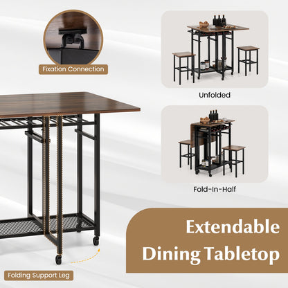 3 Pieces Extendable Dining Table Set with 6-Bottle Wine Rack-Brown
