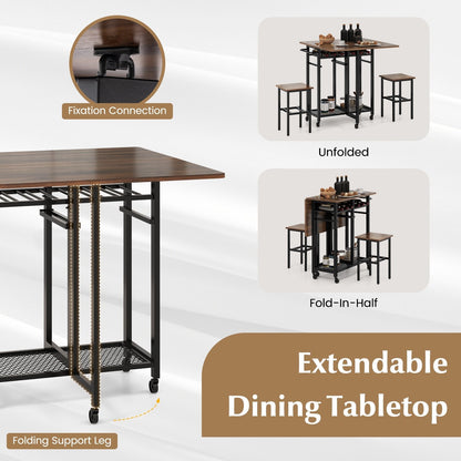 3 Pieces Extendable Dining Table Set with 6-Bottle Wine Rack-Brown