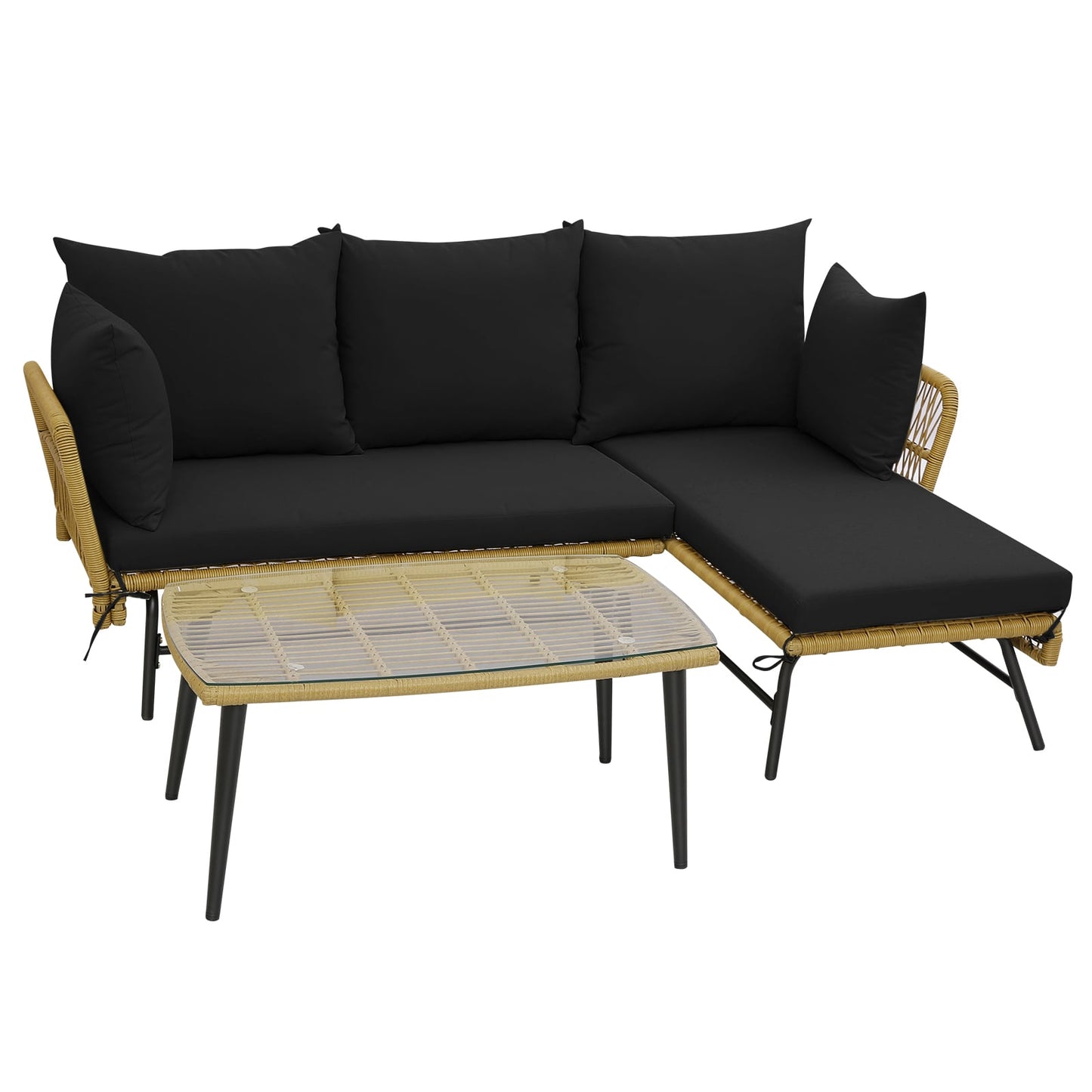 3 Pieces L-Shaped Patio Conversation Set with Tempered Glass Table-Black
