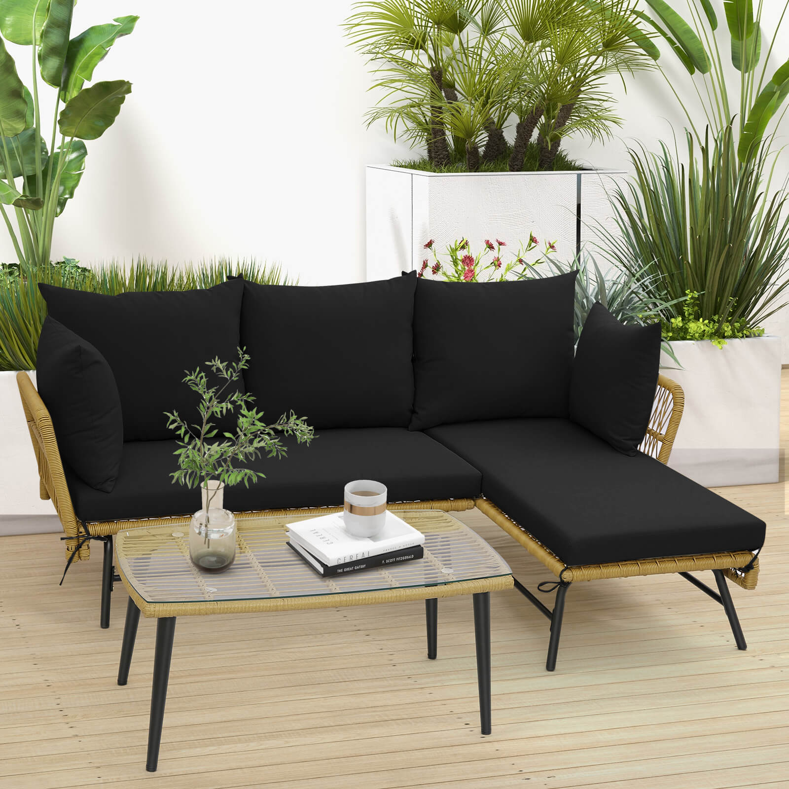 3 Pieces L-Shaped Patio Conversation Set with Tempered Glass Table-Black