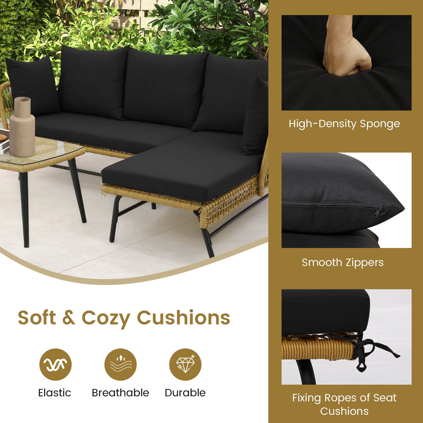 3 Pieces L-Shaped Patio Conversation Set with Tempered Glass Table-Black