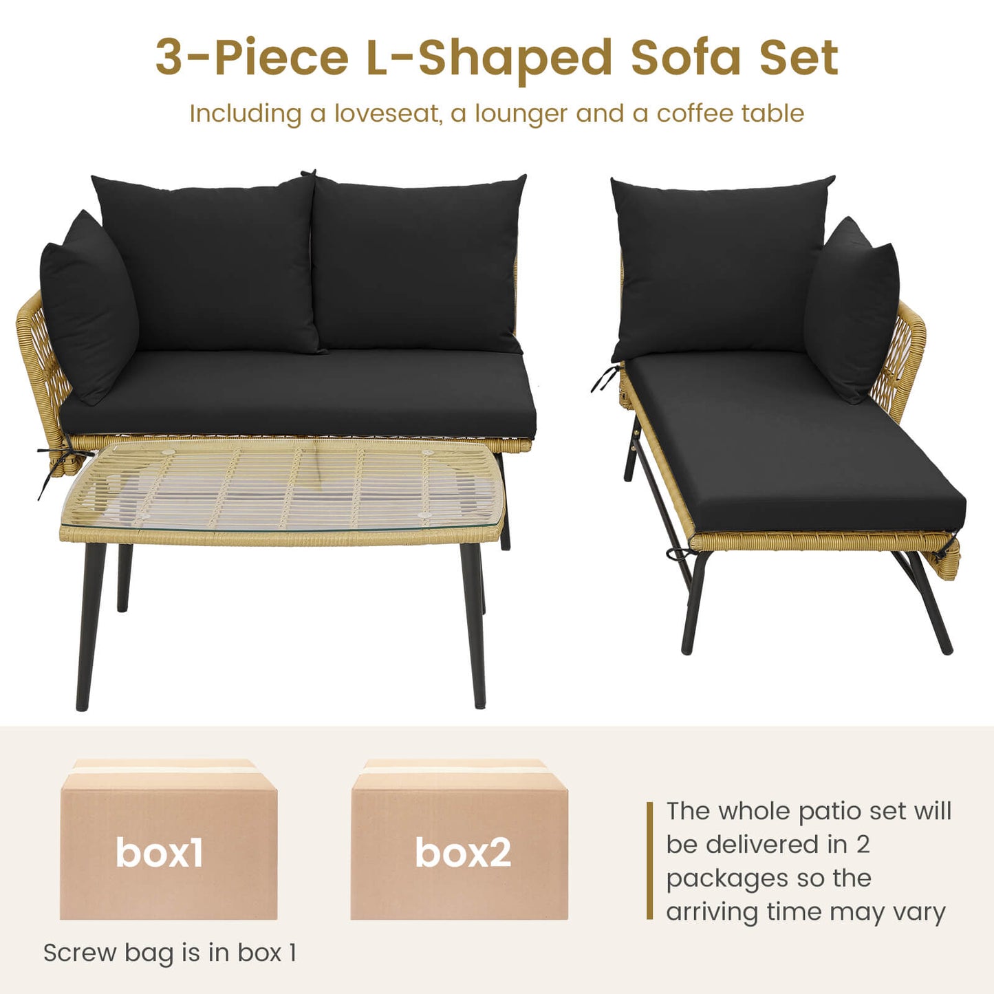 3 Pieces L-Shaped Patio Conversation Set with Tempered Glass Table-Black