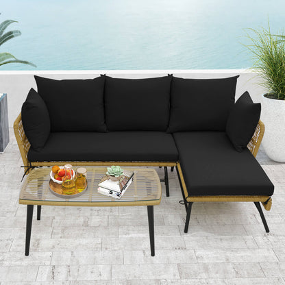 3 Pieces L-Shaped Patio Conversation Set with Tempered Glass Table-Black