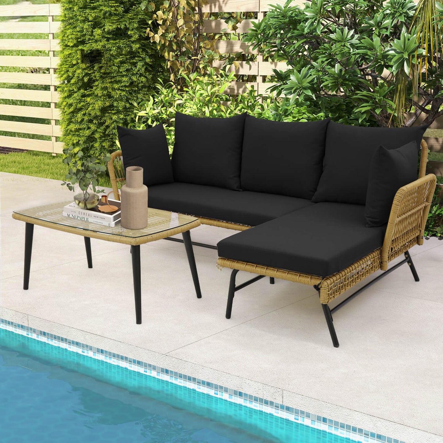 3 Pieces L-Shaped Patio Conversation Set with Tempered Glass Table-Black