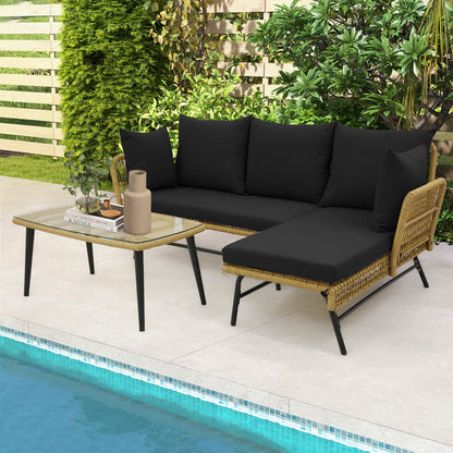 3 Pieces L-Shaped Patio Conversation Set with Tempered Glass Table-Black