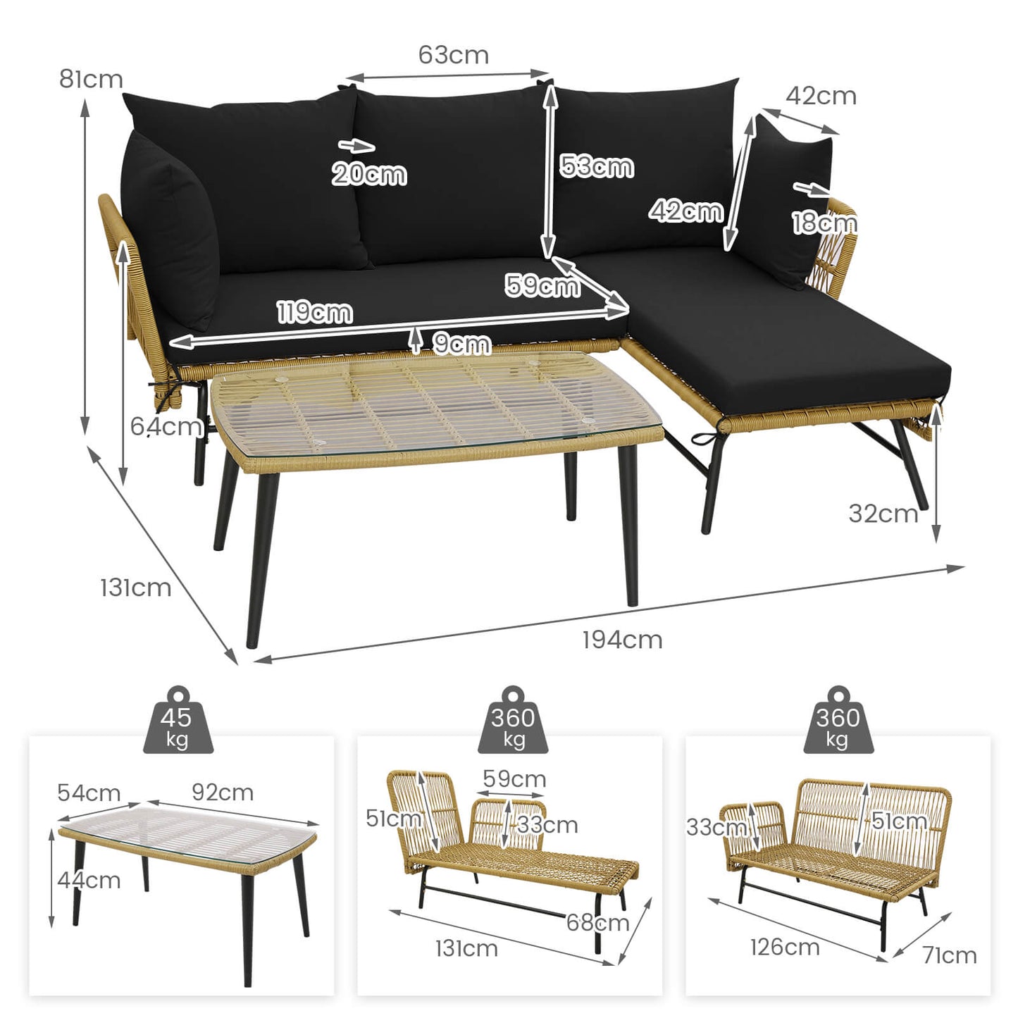 3 Pieces L-Shaped Patio Conversation Set with Tempered Glass Table-Black
