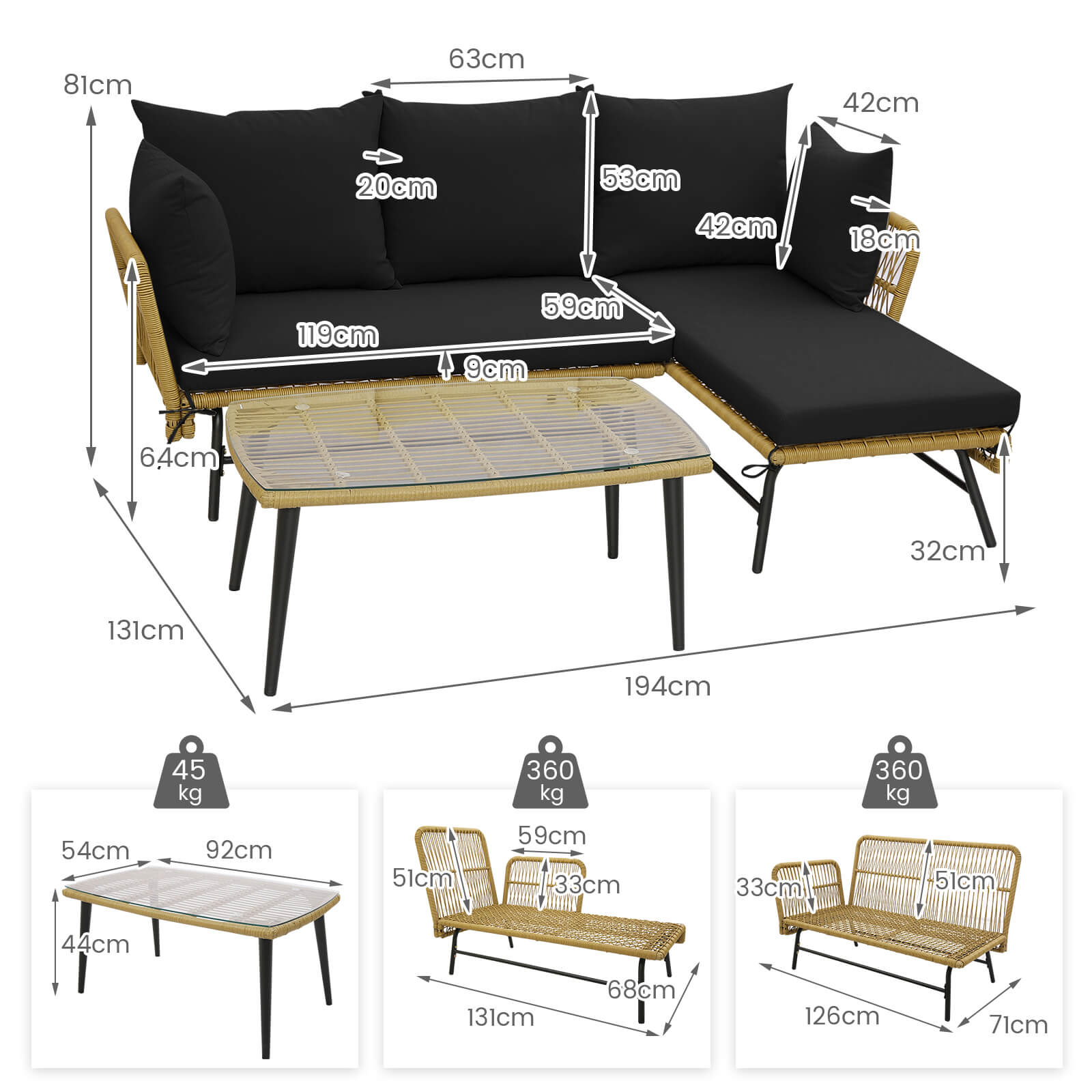 3 Pieces L-Shaped Patio Conversation Set with Tempered Glass Table-Black