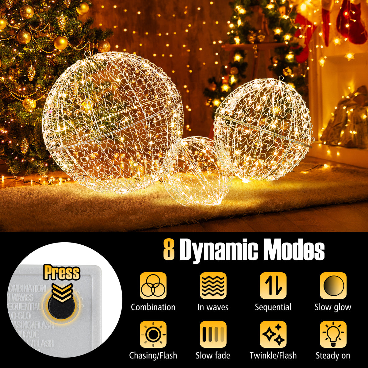 3 Pieces Lighted Christmas Balls with Light Color and 8 Dynamic Modes