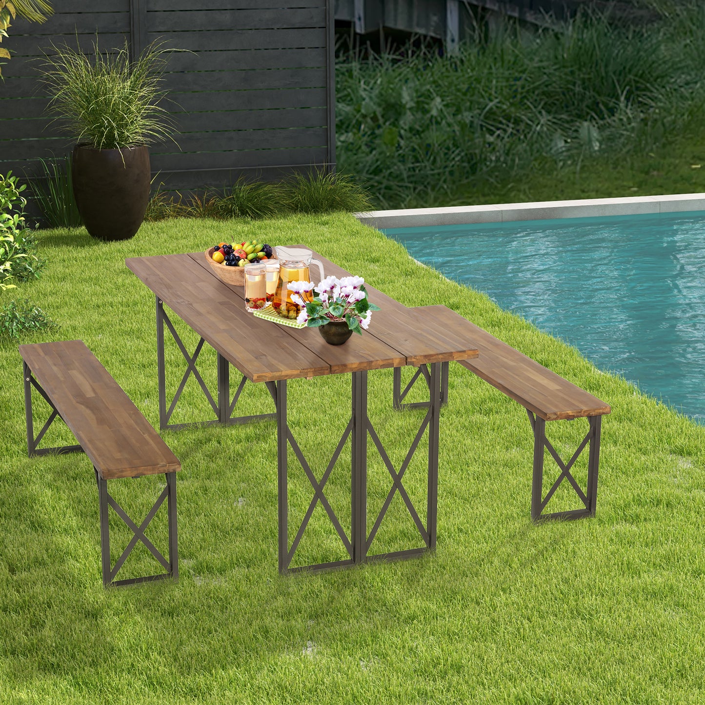 3 Pieces Outdoor Acacia Wood Dining Set with 4.5 cm Umbrella Hole