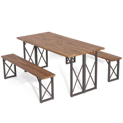 3 Pieces Outdoor Acacia Wood Dining Set with 4.5 cm Umbrella Hole