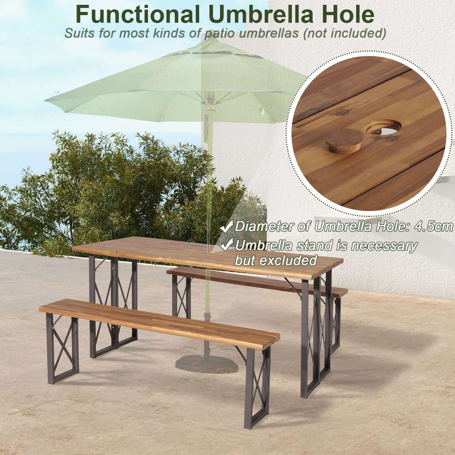 3 Pieces Outdoor Acacia Wood Dining Set with 4.5 cm Umbrella Hole