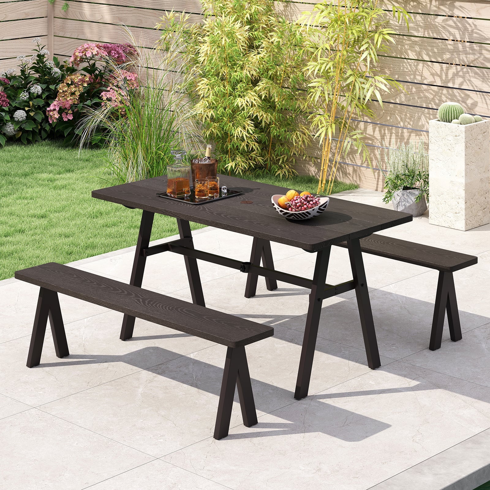 3 Pieces Outdoor Picnic Table and Benches Set for 6 People with 49MM Umbrella Hole-Dark Brown
