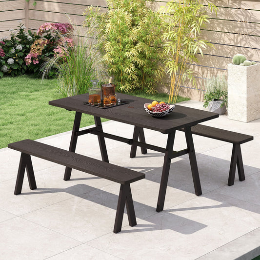 3 Pieces Outdoor Picnic Table and Benches Set for 6 People with 49MM Umbrella Hole-Dark Brown
