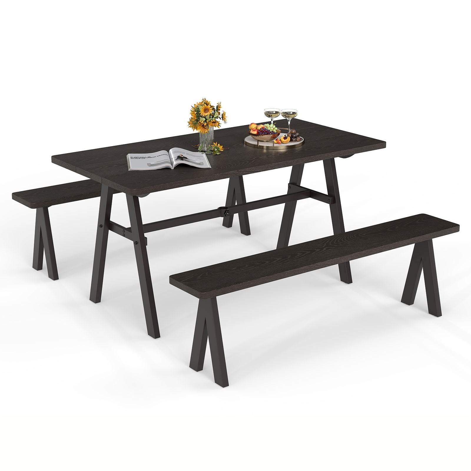 3 Pieces Outdoor Picnic Table and Benches Set for 6 People with 49MM Umbrella Hole-Dark Brown
